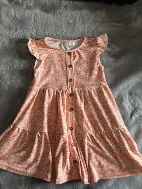 btween Orange Floral Button-Down Flutter Sleeve Dress